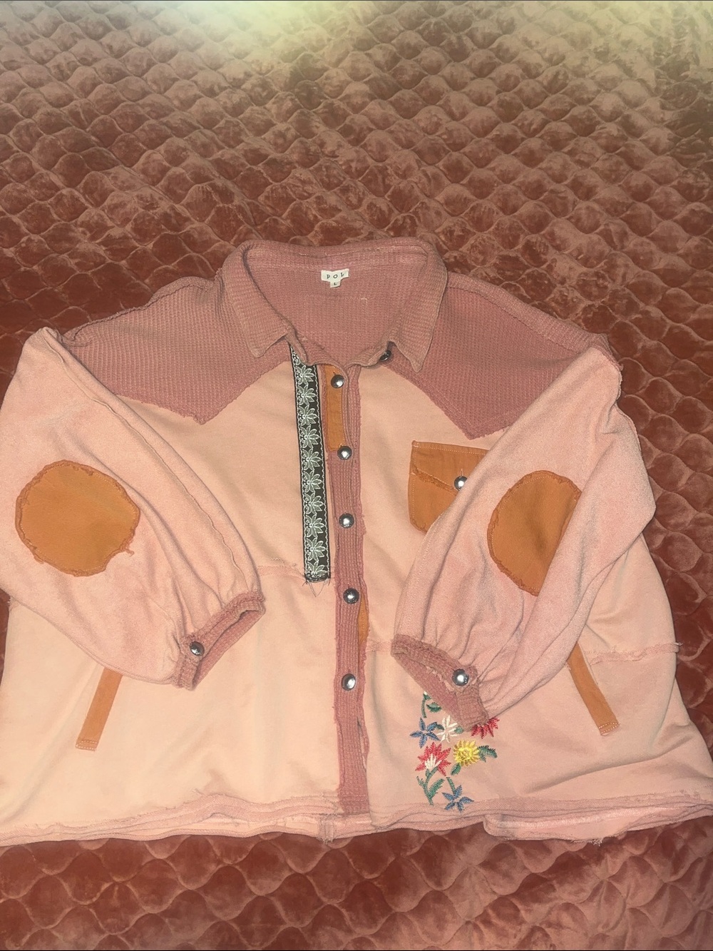 POL Patchwork Button-Front Shirt Jacket with contrasting Elbow Patches oversized - Picture 2 of 4